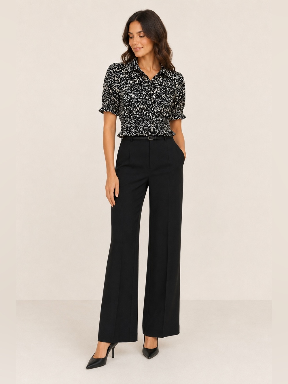 Maeve Black and White Smocked Peplum Button-Up Top